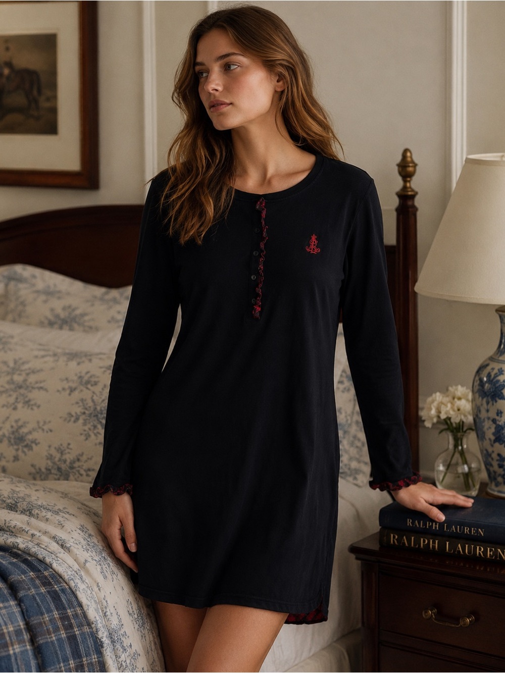 Ralph Lauren Black 100% Cotton Knit Nightgown Size Medium Old Money Classic